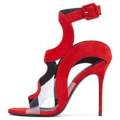 Open Toe Suede Buckle High-heeled Sandals-red