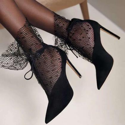 Pointed Lace Mesh Versatile High-heeled Stiletto..