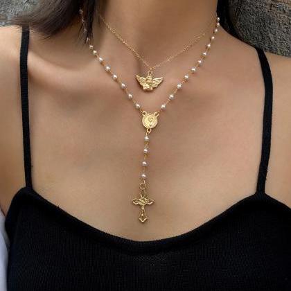 Imitation Pearl Y-shaped Cross Tassel Necklace