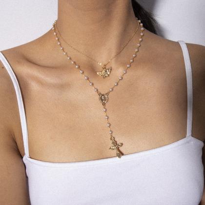 Imitation Pearl Y-shaped Cross Tassel Necklace