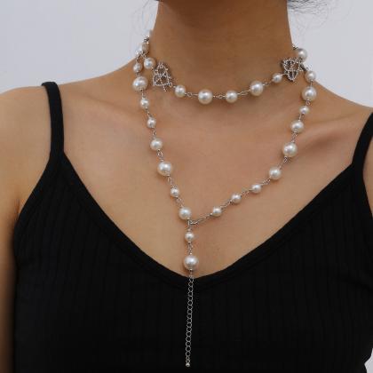 Multi Layer Pearl Necklace With Hollow Out Micro..
