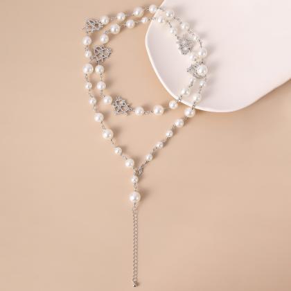 Multi Layer Pearl Necklace With Hollow Out Micro..