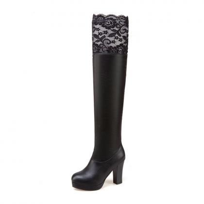 Lace Knee High Heeled Knight Boots-black