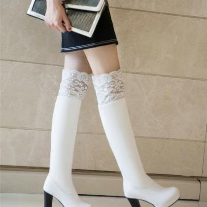 Lace Knee High Heeled Knight Boots-white