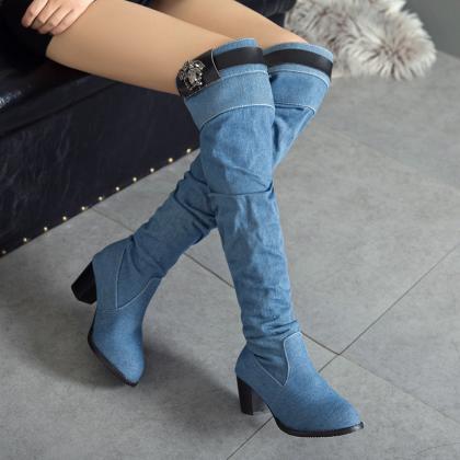 Denim Women's Boots Thick Heel High..