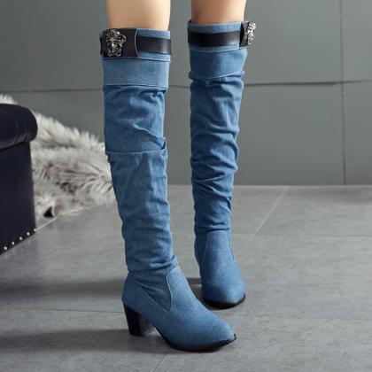 Denim Women's Boots Thick Heel High..