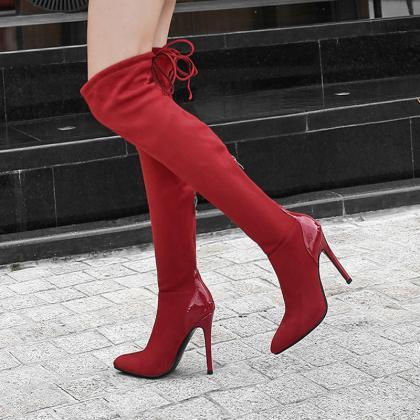Pointed Suede Elastic High Heels Knee Boots-red