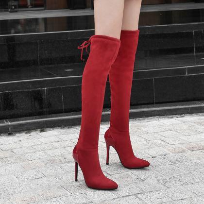 Pointed Suede Elastic High Heels Knee Boots-red