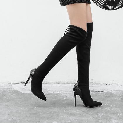 Pointed Suede Elastic High Heels Knee Boots-black