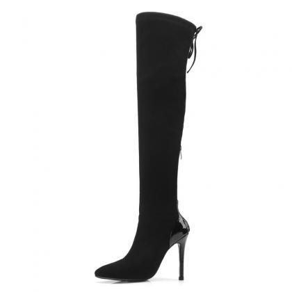 Pointed Suede Elastic High Heels Knee Boots-black