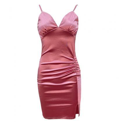 Fashion Deep V Backless Suspender Dress-pink