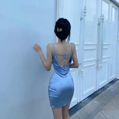 Fashion Deep V Backless Suspender Dress-blue