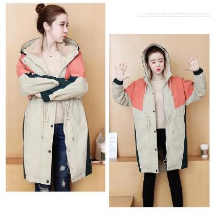 Beige Large Size Autumn And Winter Loose Hooded..