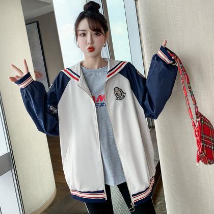 White Fall Color Blocking Work Jacket Loose Casual..