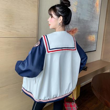 White Fall Color Blocking Work Jacket Loose Casual..
