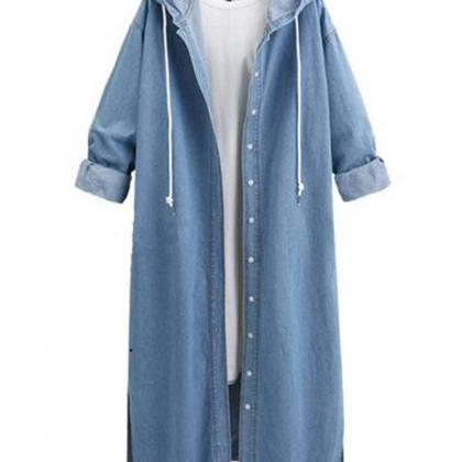 Light Blue Autumn And Winter Hooded Long Sleeved..