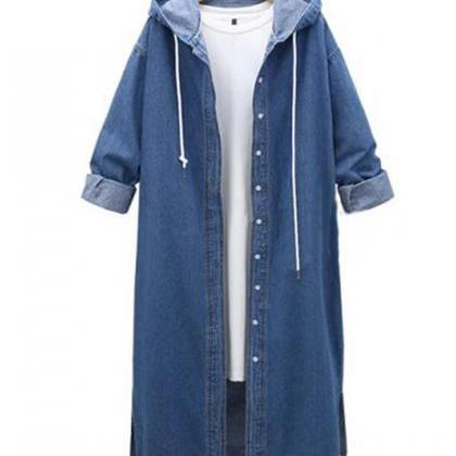 Dark Blue Autumn And Winter Hooded Long Sleeved..