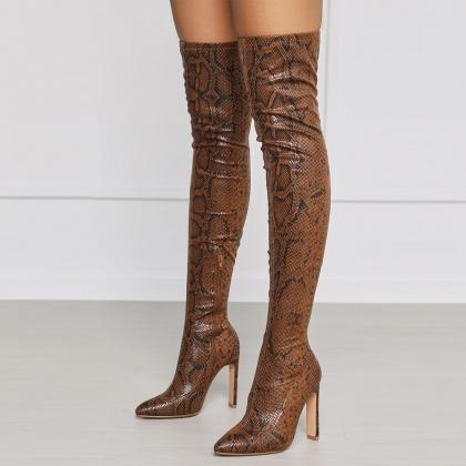 Brown Side Zipper Pointed High Thick Heel Knee..