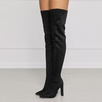 Black Side Zipper Pointed High Thick Heel Knee..
