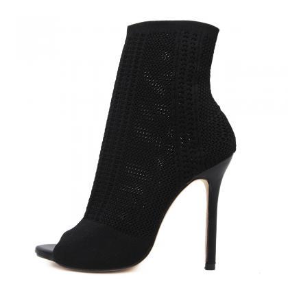 Black Knitted Wool Fish Mouth High Heel Boots