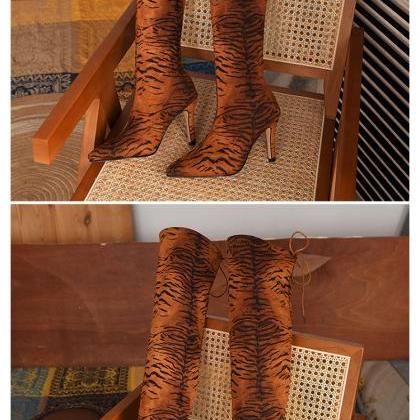 Tiger Spot Pointed Leopard Elastic High-heeled..