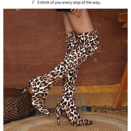 Pointed White Leopard Pattern Elastic High-heeled..