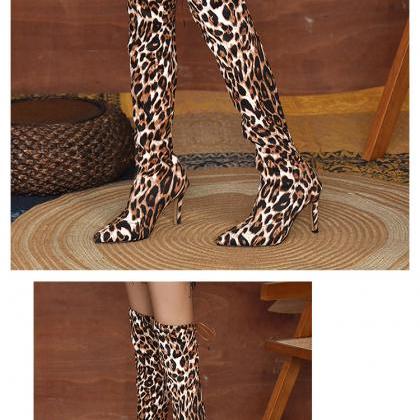Pointed White Leopard Pattern Elastic High-heeled..