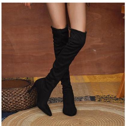 Pointed Black Elastic High-heeled Boots
