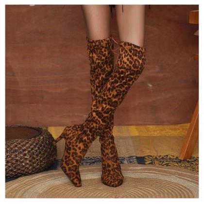Yellow Leopard Pattern Elastic High-heeled Boots