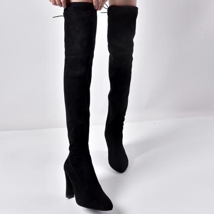Black Pointed Thick Heel Knee Stretch Boots