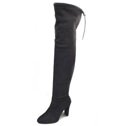 Black Pointed Thick Heel Knee Stretch Boots