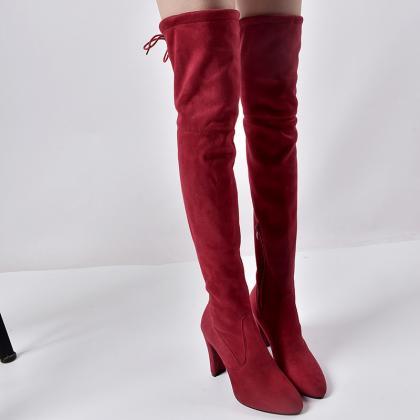 Red Pointed Thick Heel Knee Stretch Boots
