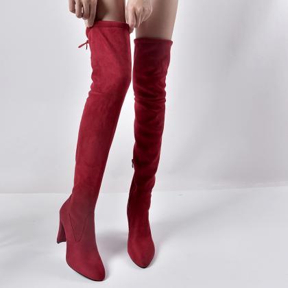 Red Pointed Thick Heel Knee Stretch Boots