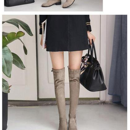 Round Head Elastic Knee High Boots-gray(suede)