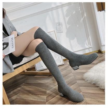 Gray Spring And Autumn Knee Stretch Sock Boots