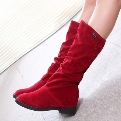 Wine Red Rough Heel Thick Soled Short Boots..