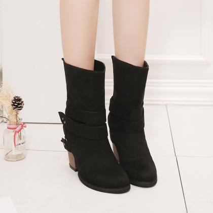 Black Pointed Thick Heel Large Frosted Boots