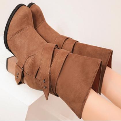 Brown Pointed Thick Heel Large Frosted Boots