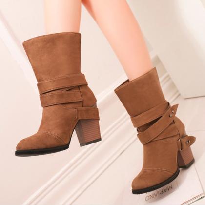 Brown Pointed Thick Heel Large Frosted Boots