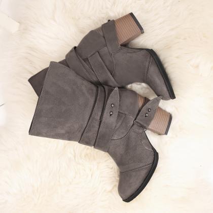 Gray Pointed Thick Heel Large Frosted Boots