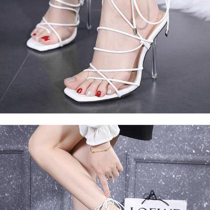 White Lace Up Crystal Transparent Thin Heel Lace..