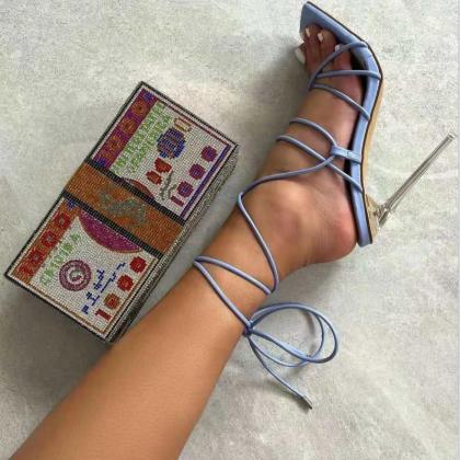 Violet Lace Up Crystal Transparent Thin Heel Lace..