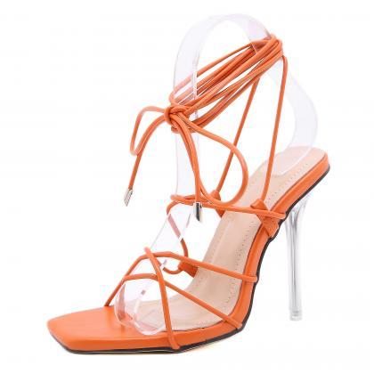 Orange Lace Up Crystal Transparent Thin Heel Lace..