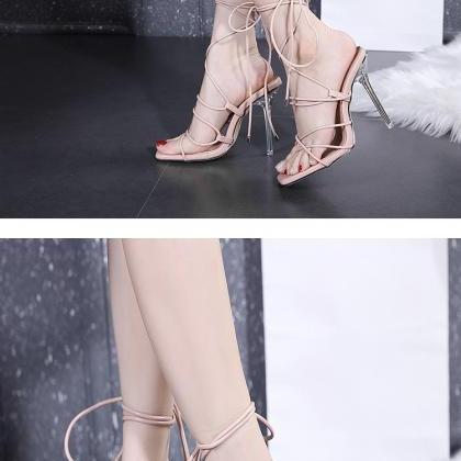 Apricot Lace Up Crystal Transparent Thin Heel Lace..