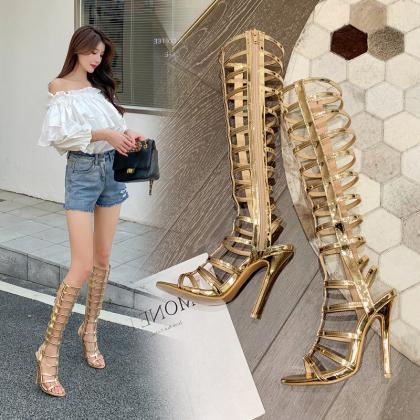 Golden Lace Hollow High Heel High Tube Fashion..