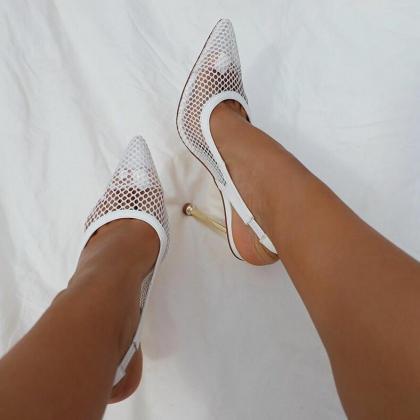 White Metal High-heeled Mesh Shoes Pointed..