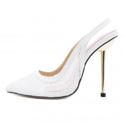 White Metal High-heeled Mesh Shoes Pointed..