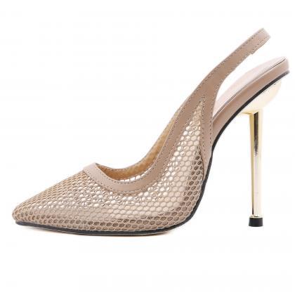 Apricot Metal High-heeled Mesh Shoes Pointed..