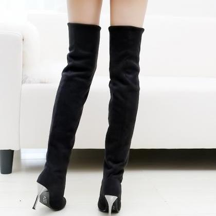 Black Suede Elastic High Heel Knee Boots