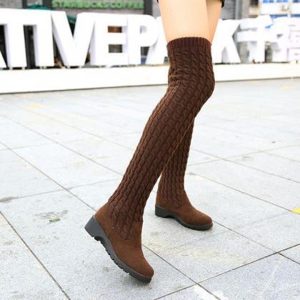 Brown Knitted Wool High Barrel Flat Bottomed Over..